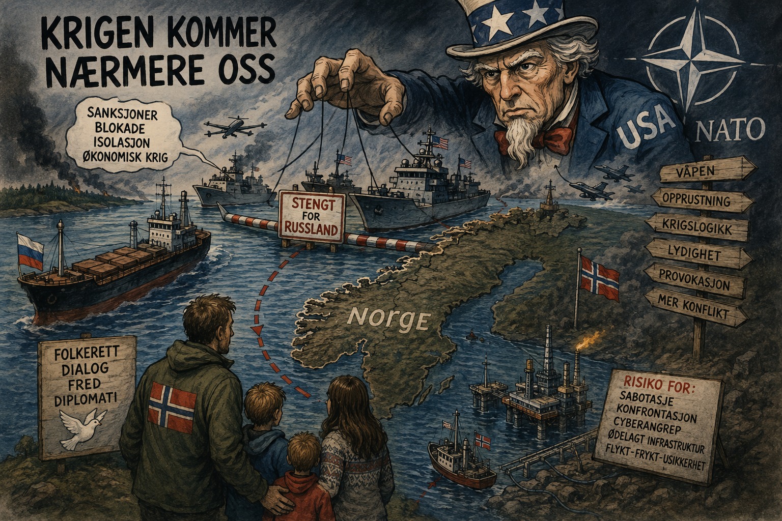 Illustrasjon av Norge omgitt av krigsskip, NATO-symbol, USA som marionettfører og skilt med ord som sanksjoner, blokade, våpen, opprustning og risiko for sabotasje og konfrontasjon.