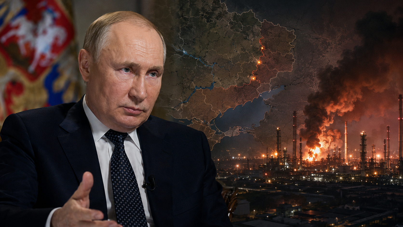 Vladimir Putin i forgrunnen, med et kart over konfliktområder og et brennende oljeraffineri i bakgrunnen.