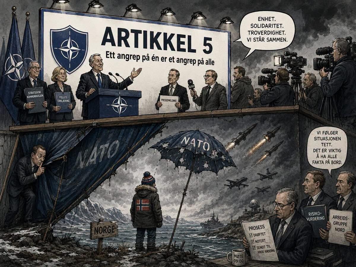 Satirisk illustrasjon av NATOs artikkel 5 som en stor presseplakat, mens Norge står alene under en ødelagt NATO-paraply i et krigsherjet landskap.
