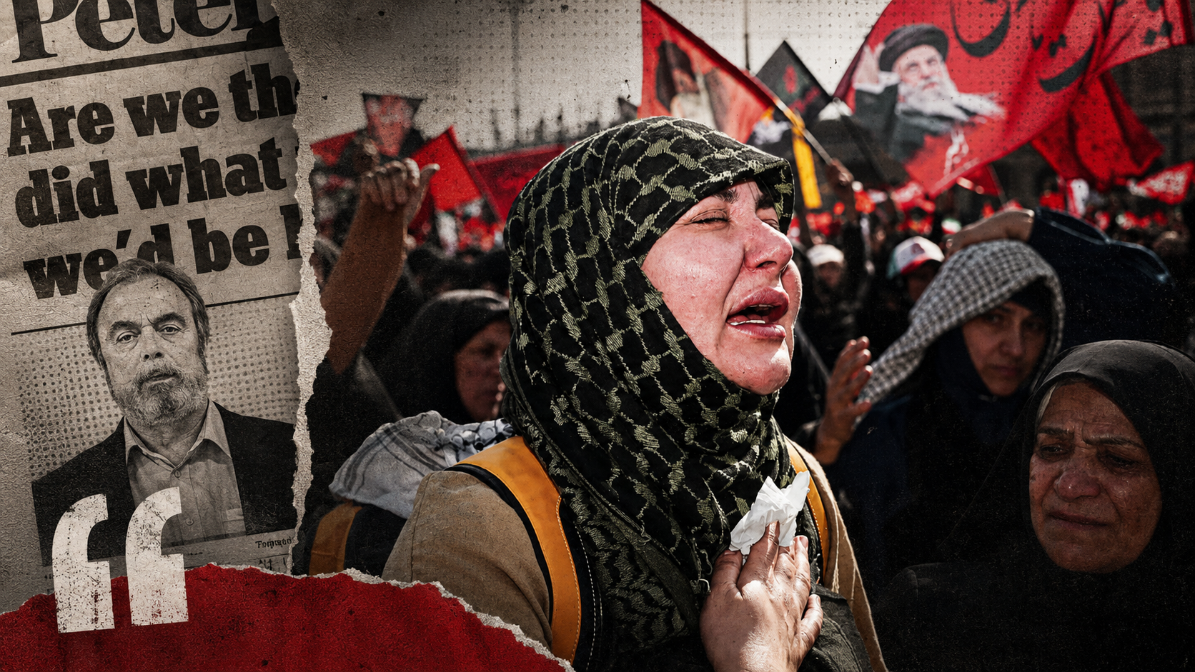 Kollasj som viser en sørgende kvinne i en folkemengde i Teheran, kombinert med et avisutklipp fra en kommentarartikkel om Vestens kriger og dobbeltmoral.