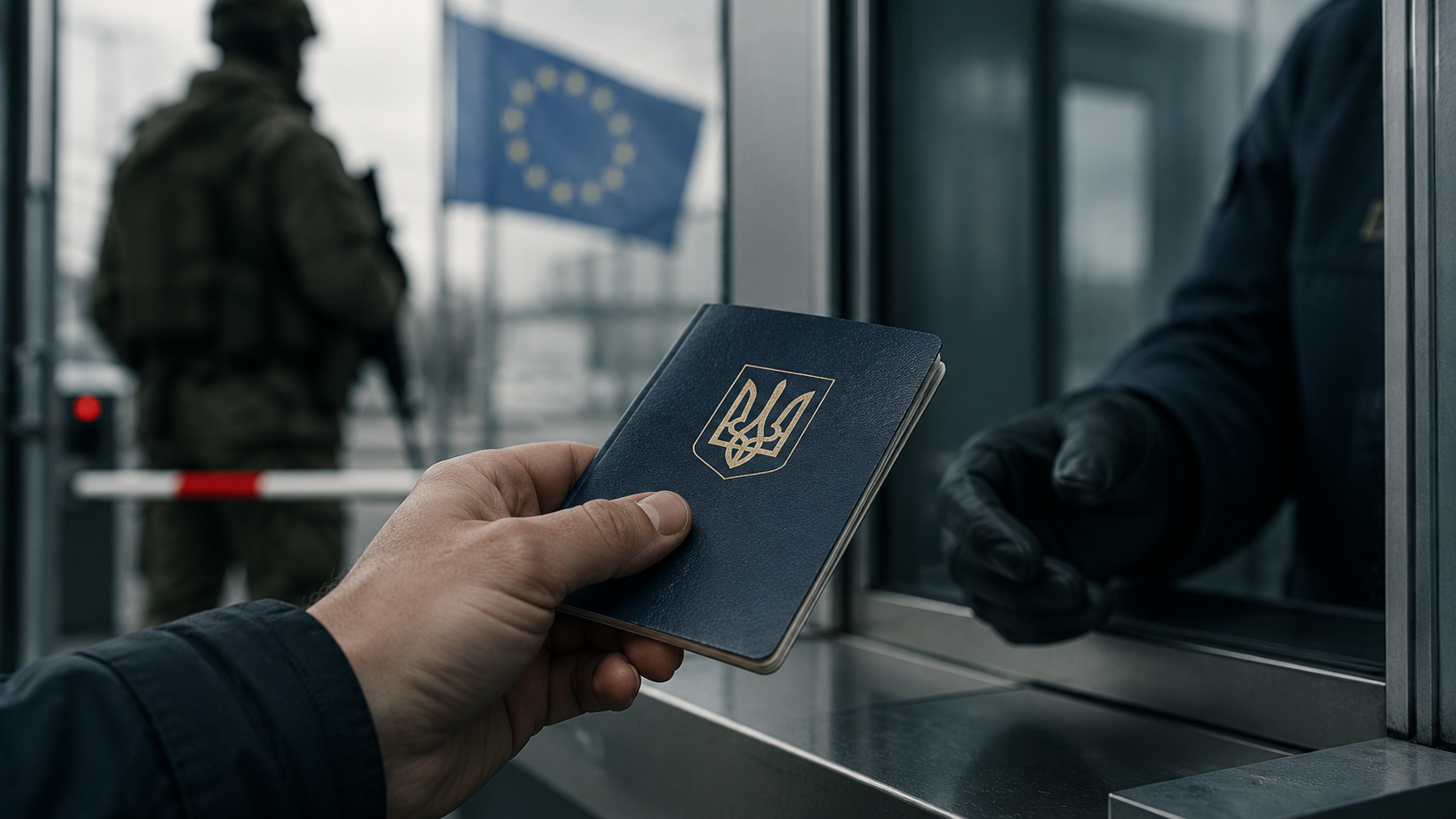 En hånd holder frem et ukrainsk pass ved en grensekontroll, mens en uskarp soldat og et EU-flagg vises i bakgrunnen.