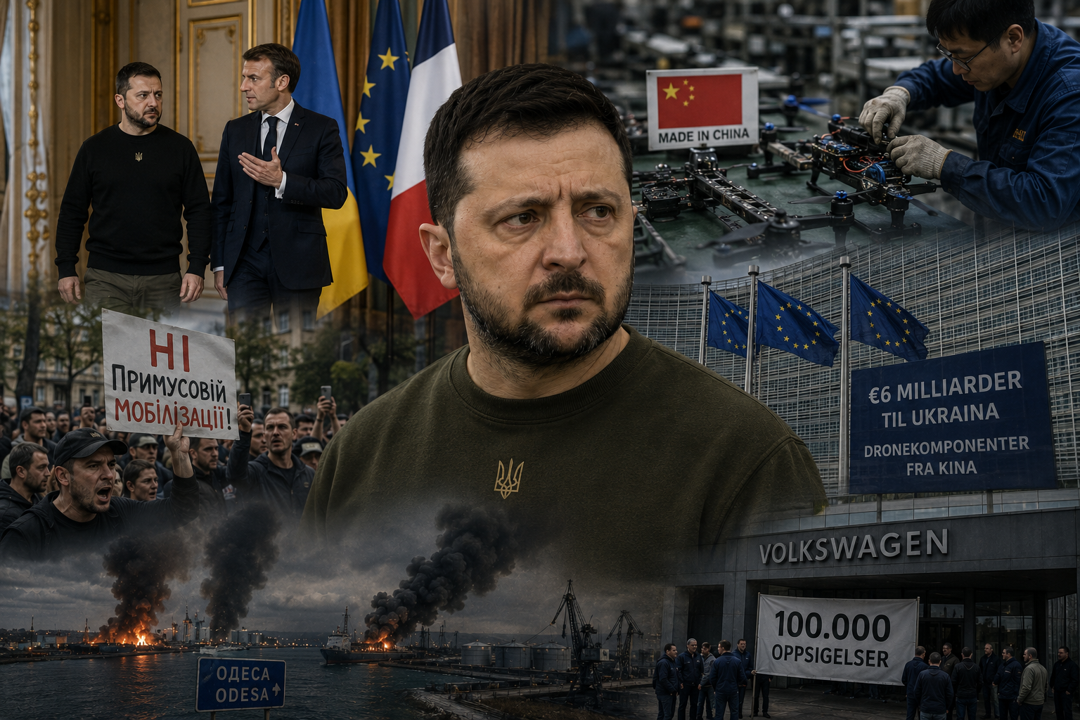 Volodymyr Zelenskyj omgitt av EU-symbolikk, kinesisk droneproduksjon, protester mot mobilisering, Odessa-angrep og Volkswagen-fabrikk.