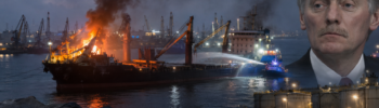 Brennende fraktskip i Odessa havn med indisk flagg, russisk talsperson og drivstoffanlegg i bakgrunnen.