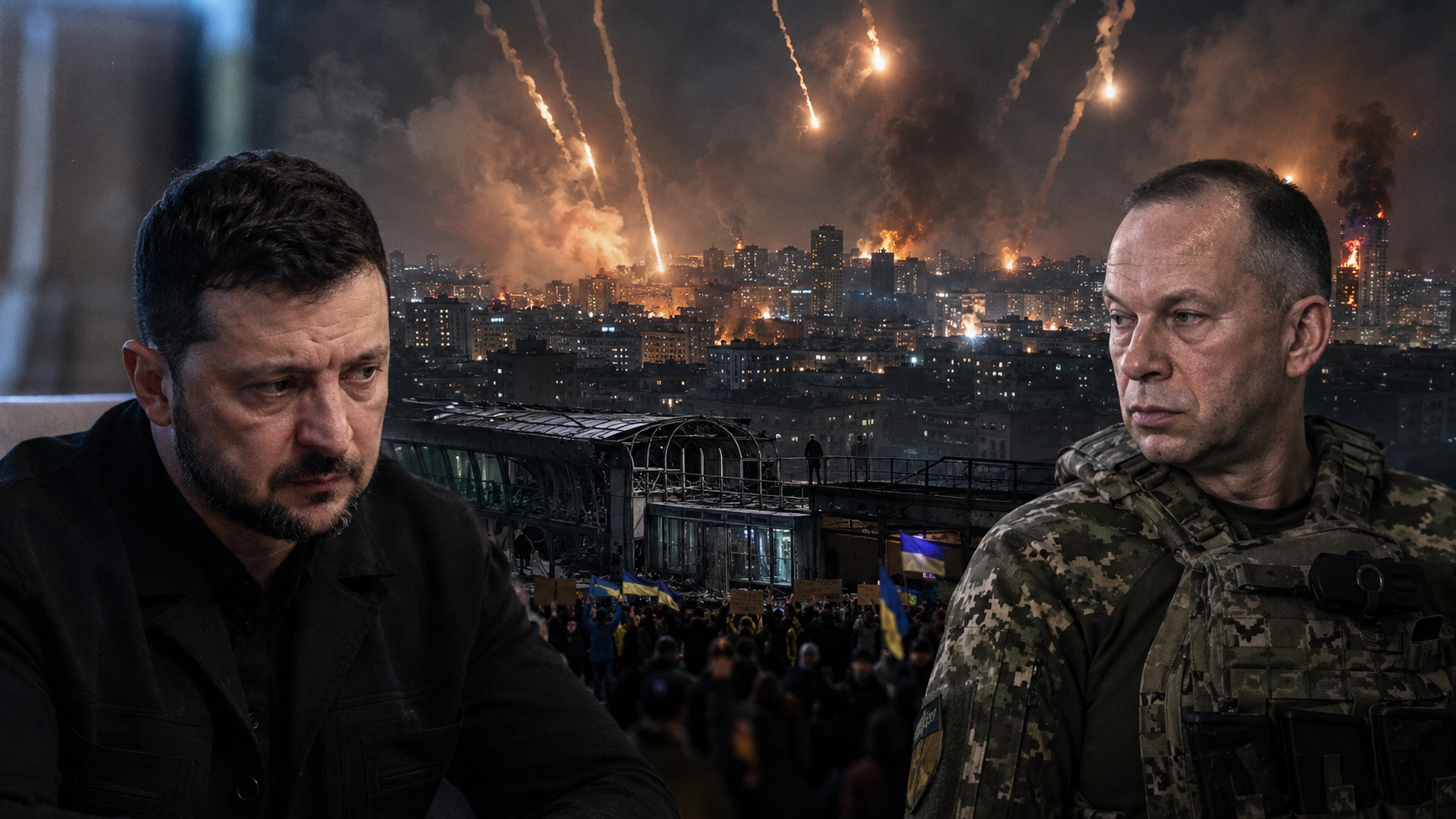 Volodymyr Zelenskyj og Oleksandr Sirskij foran et nattlig Kyiv under missil- og droneangrep, med demonstranter i gatene.