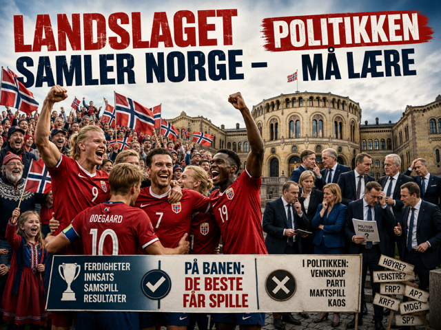 Illustrasjon av det norske fotballandslaget som feirer foran jublende supportere med norske flagg, kontrastert mot politikere foran Stortinget. Bildet setter landslagets samhold, innsats og resultater opp mot politisk maktspill og kaos.