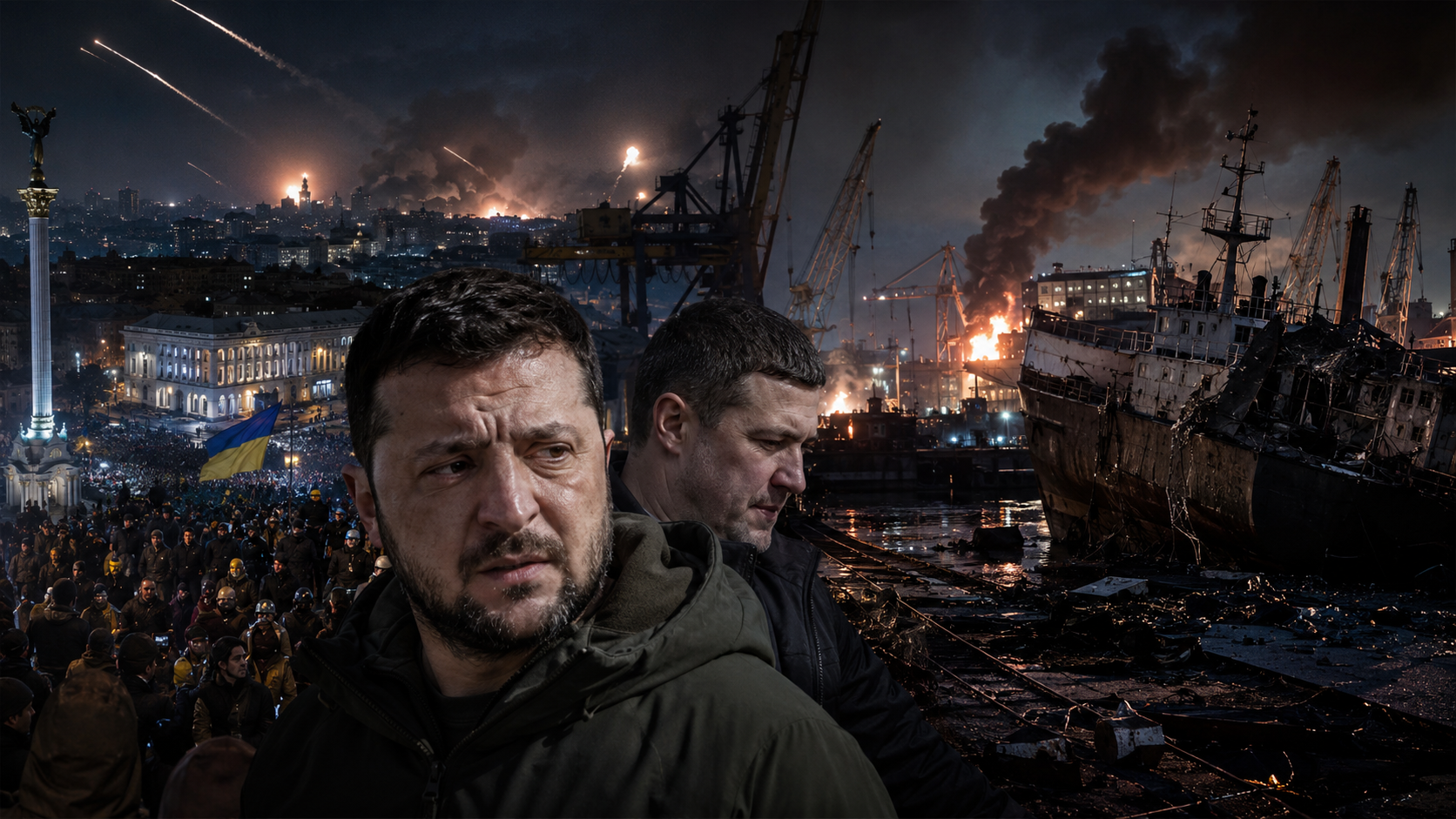 Volodymyr Zelenskyj foran folkemengder i Kyiv og en brennende havn i Odessa, med missilangrep over byen i bakgrunnen.