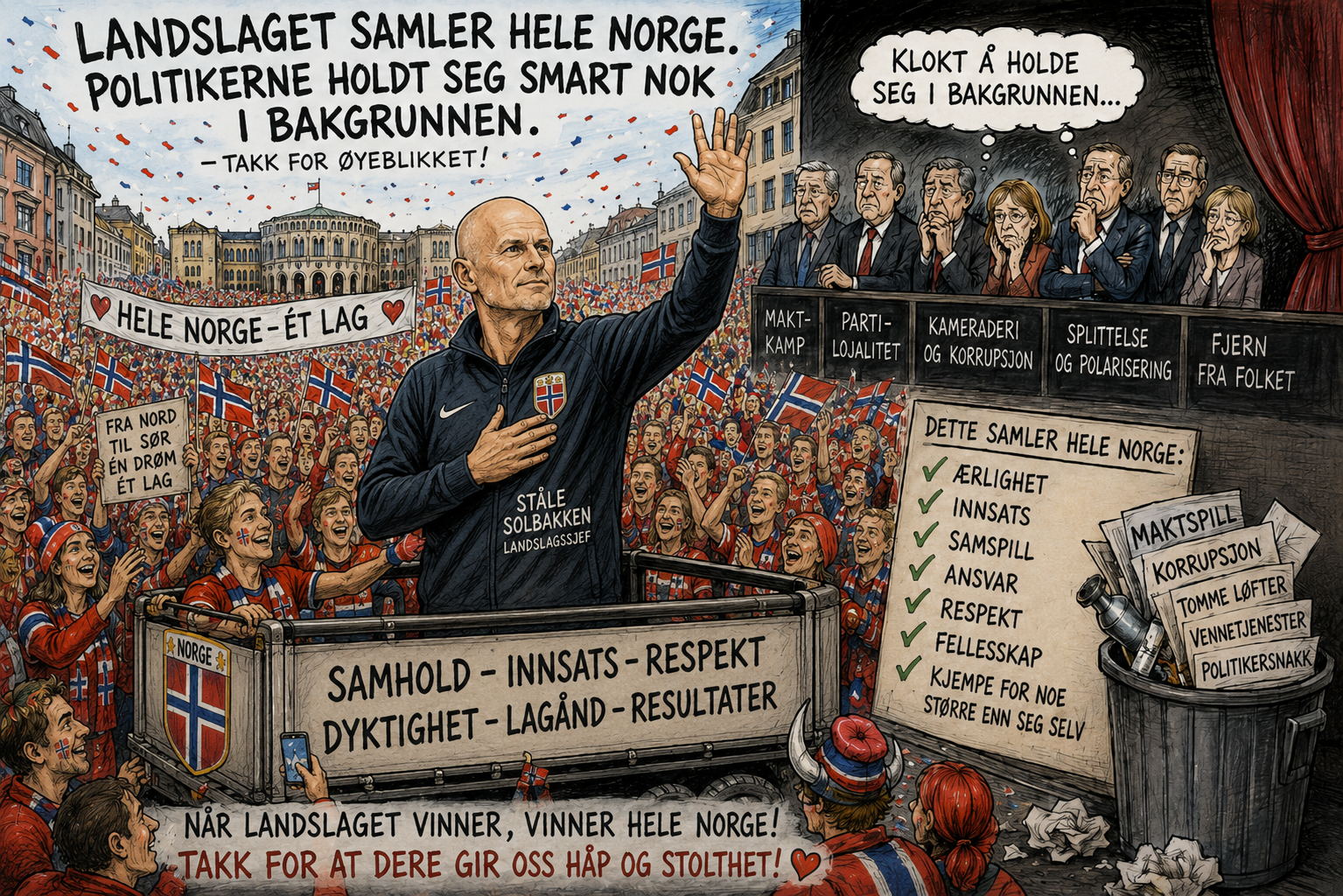 Satirisk illustrasjon av Ståle Solbakken og det norske fotballandslaget foran et samlet folkehav, mens norske politikere står tilbaketrukket bak skilt om maktkamp, partilojalitet og korrupsjon.