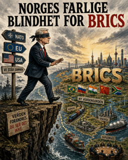 Illustrasjon av Jonas Gahr Støre som står ved kanten av en klippe med NATO-, EU- og USA-skilt bak seg, mens han ser ut over en fremvoksende BRICS-verden med industri, energi, diplomati og medlemslandenes flagg.