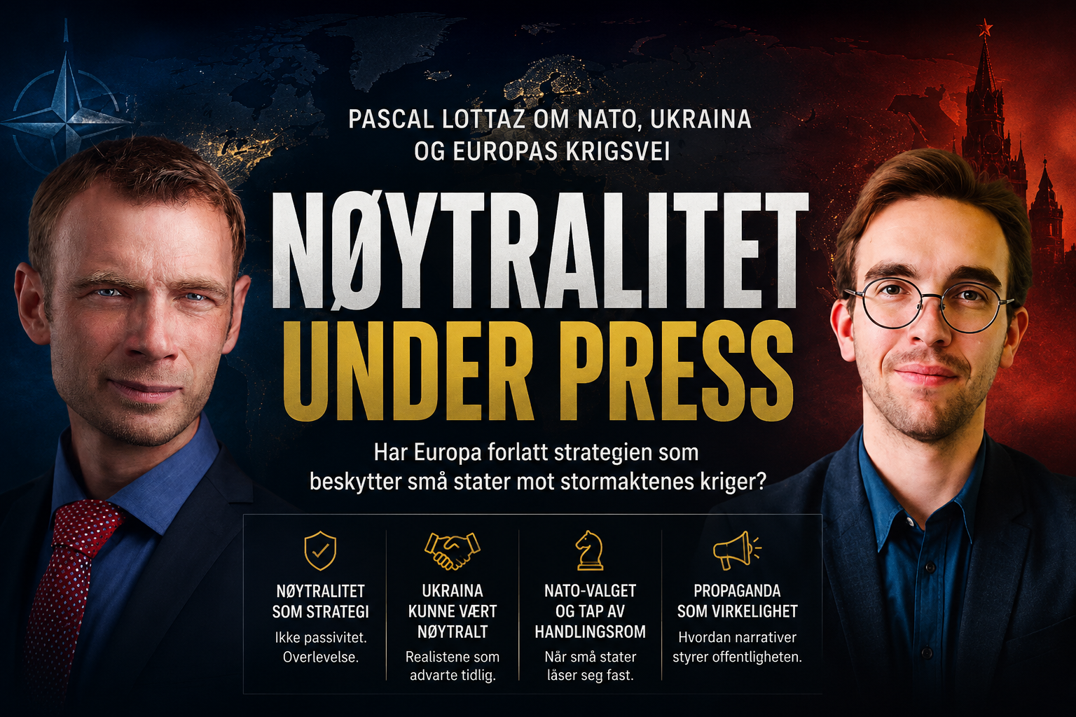 Grafisk illustrasjon av Vladimir Petrovitsj Fedorov og Pascal Lottaz foran et mørkt verdenskart med teksten «Nøytralitet under press».