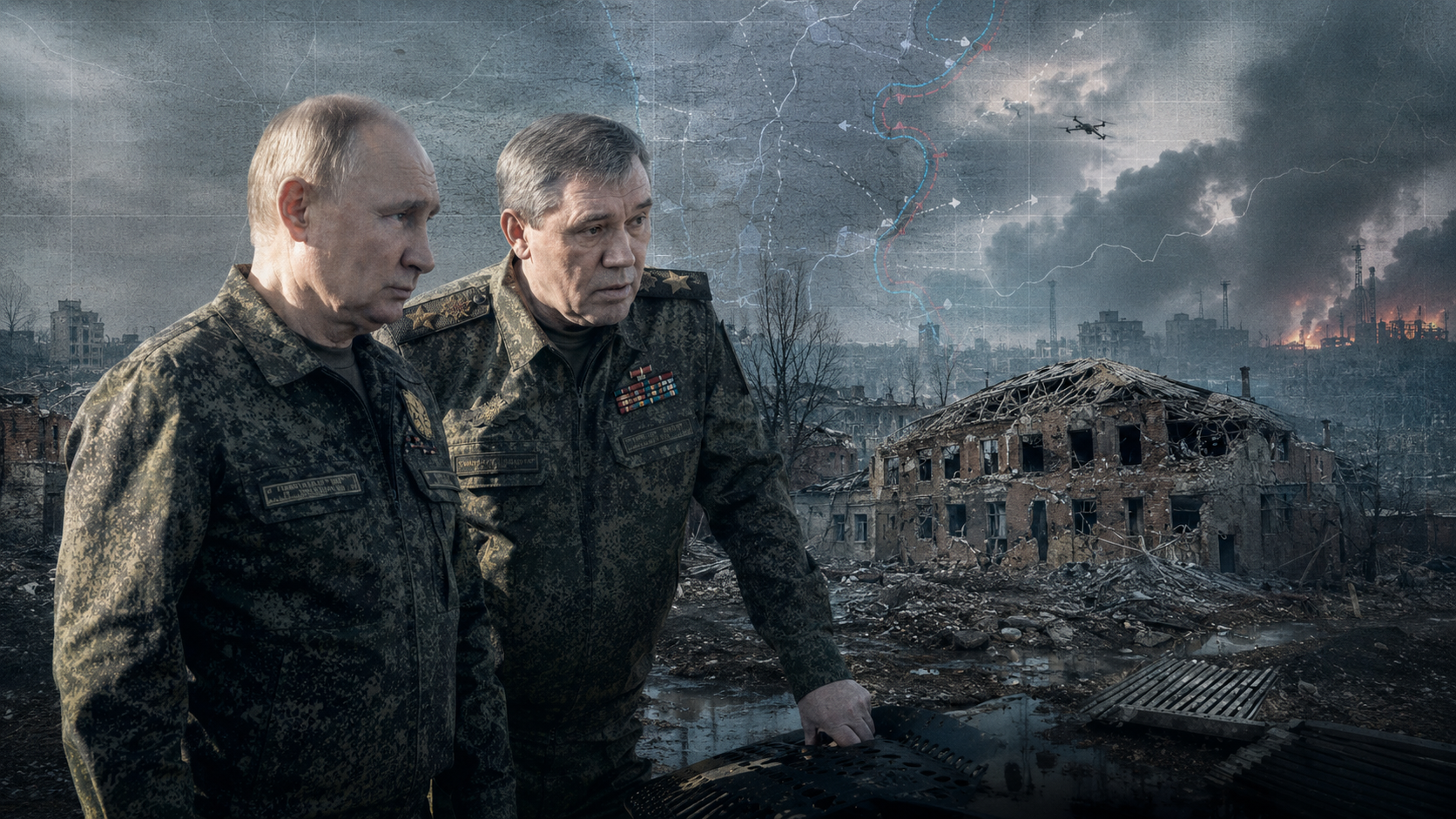 Vladimir Putin og Valerij Gerasimov i militæruniform foran ruinene av en ødelagt by i Donbass.