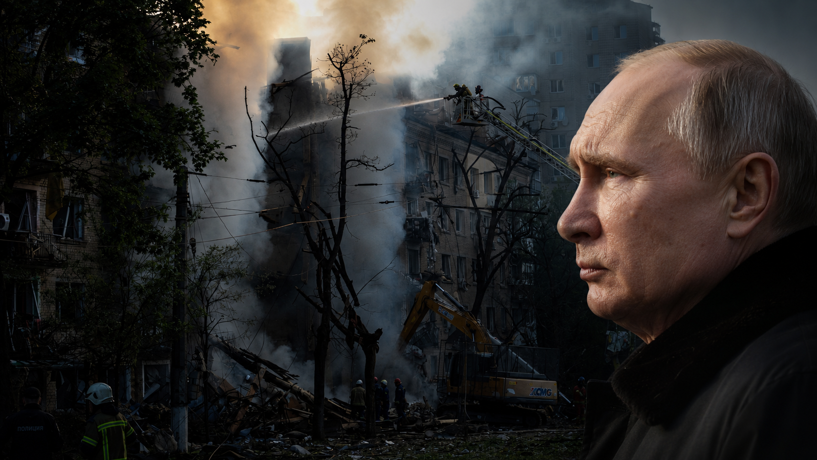 Fotomontasje av Vladimir Putin foran en ødelagt boligblokk i Ukraina, med røyk, brann og redningsarbeidere i bakgrunnen.