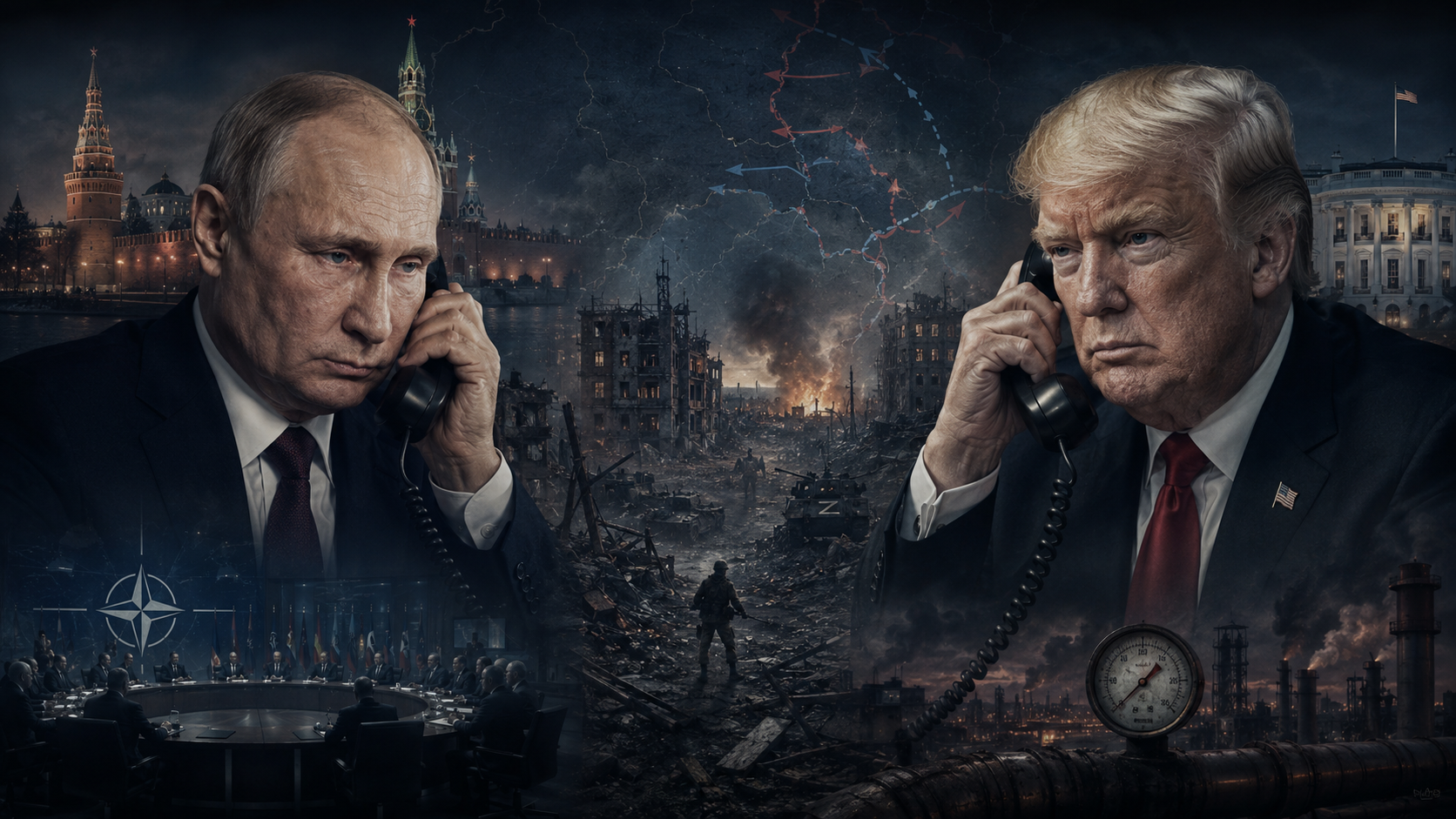 Vladimir Putin og Donald Trump i en dramatisk telefonkomposisjon med krigsruiner, NATO-møte og energiinfrastruktur i bakgrunnen.