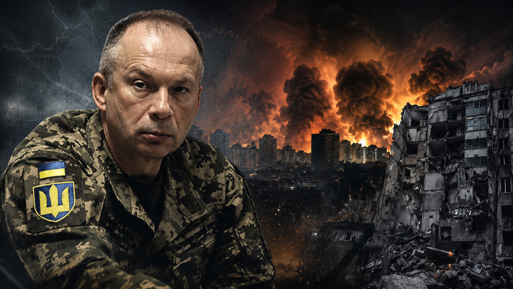 Oleksandr Sirskij i ukrainsk uniform foran en brennende by og ødelagte bygninger.