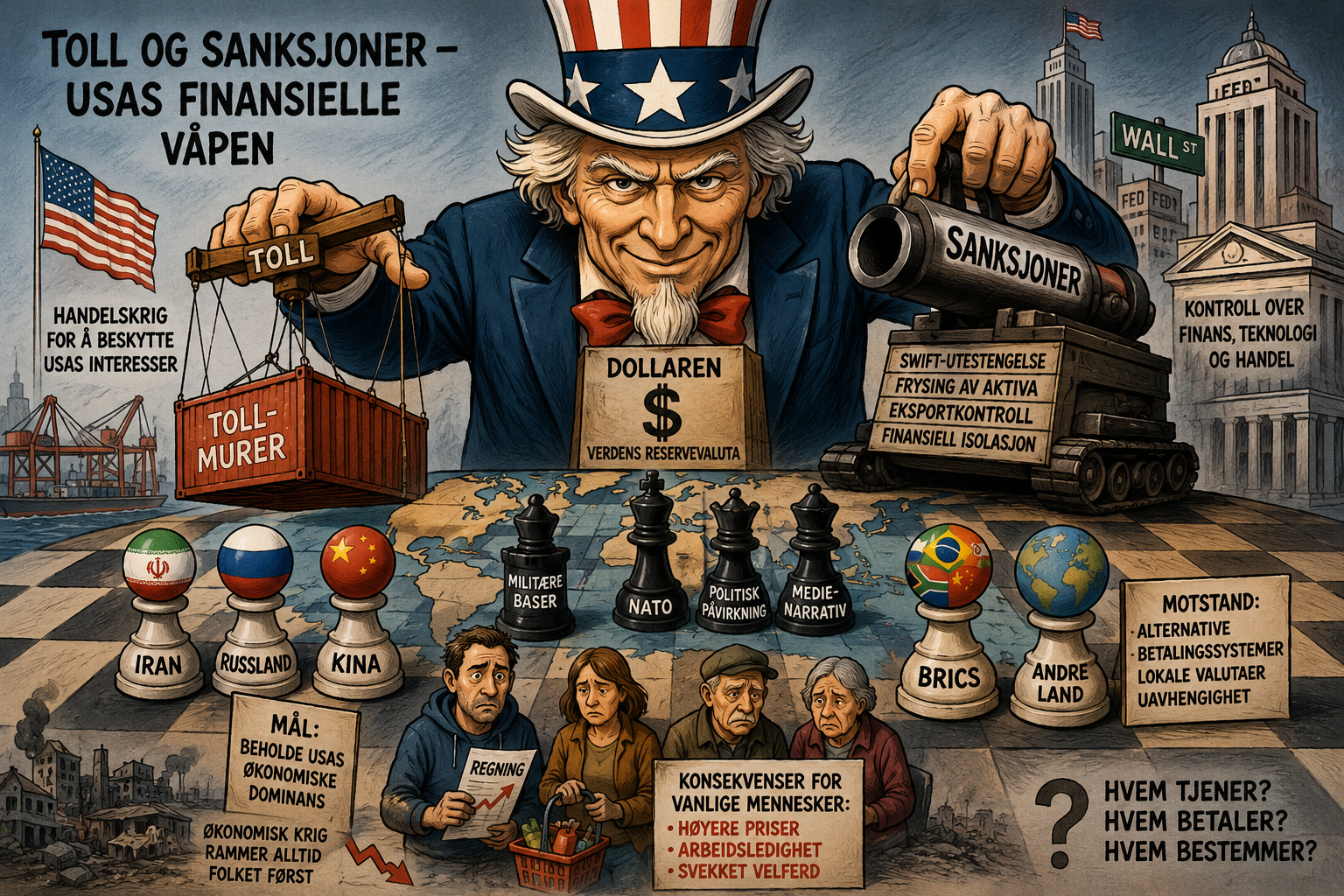 Illustrasjon av Uncle Sam som bruker toll, sanksjoner, dollaren og finansielle systemer som strategiske våpen mot Russland, Kina, Iran og andre land, mens vanlige mennesker rammes av høyere priser, arbeidsledighet og svekket velferd.