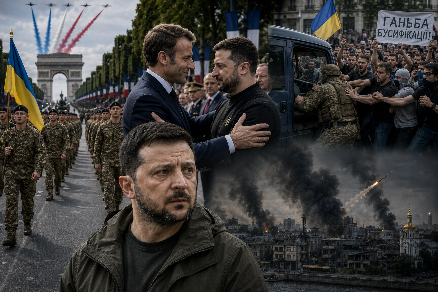 Volodymyr Zelenskyj og Emmanuel Macron i Paris, med ukrainske soldater på parade, protester mot mobilisering og røyk over ukrainsk by i bakgrunnen.