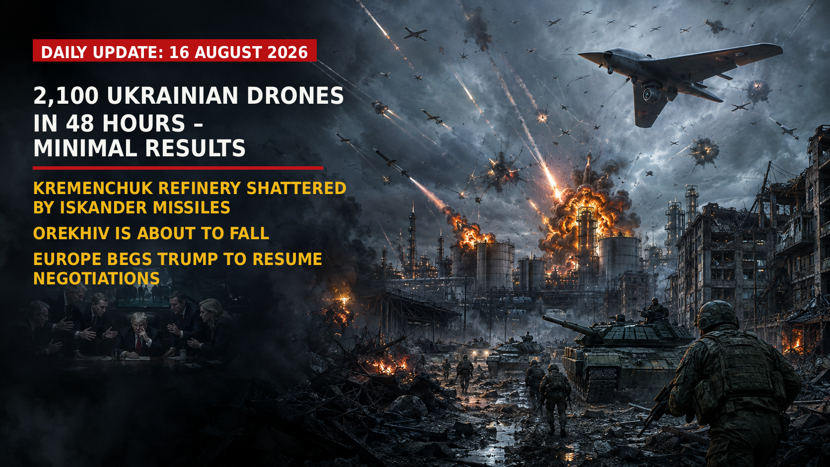AI-generated war illustration showing large drone swarms and missile strikes over a burning industrial complex, Russian forces advancing through a devastated city, and European leaders meeting with Trump.