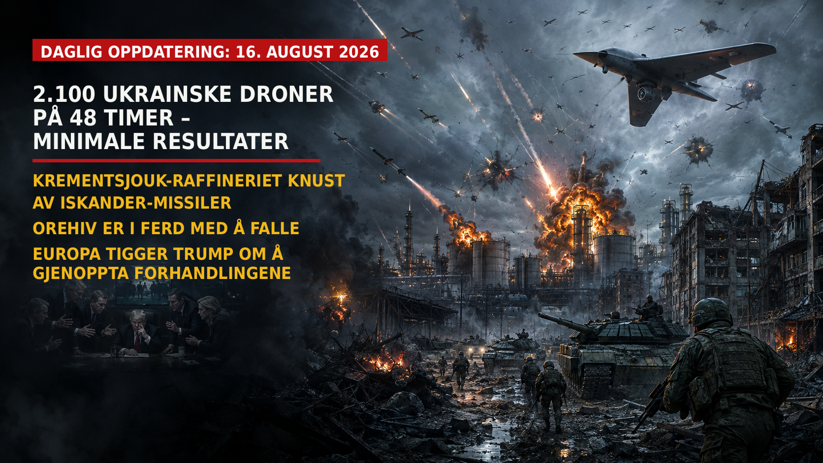 AI-generert krigsillustrasjon med store dronesvermer og missilangrep over et brennende industriområde, russiske styrker i en ødelagt by og europeiske ledere samlet til samtaler med Trump.