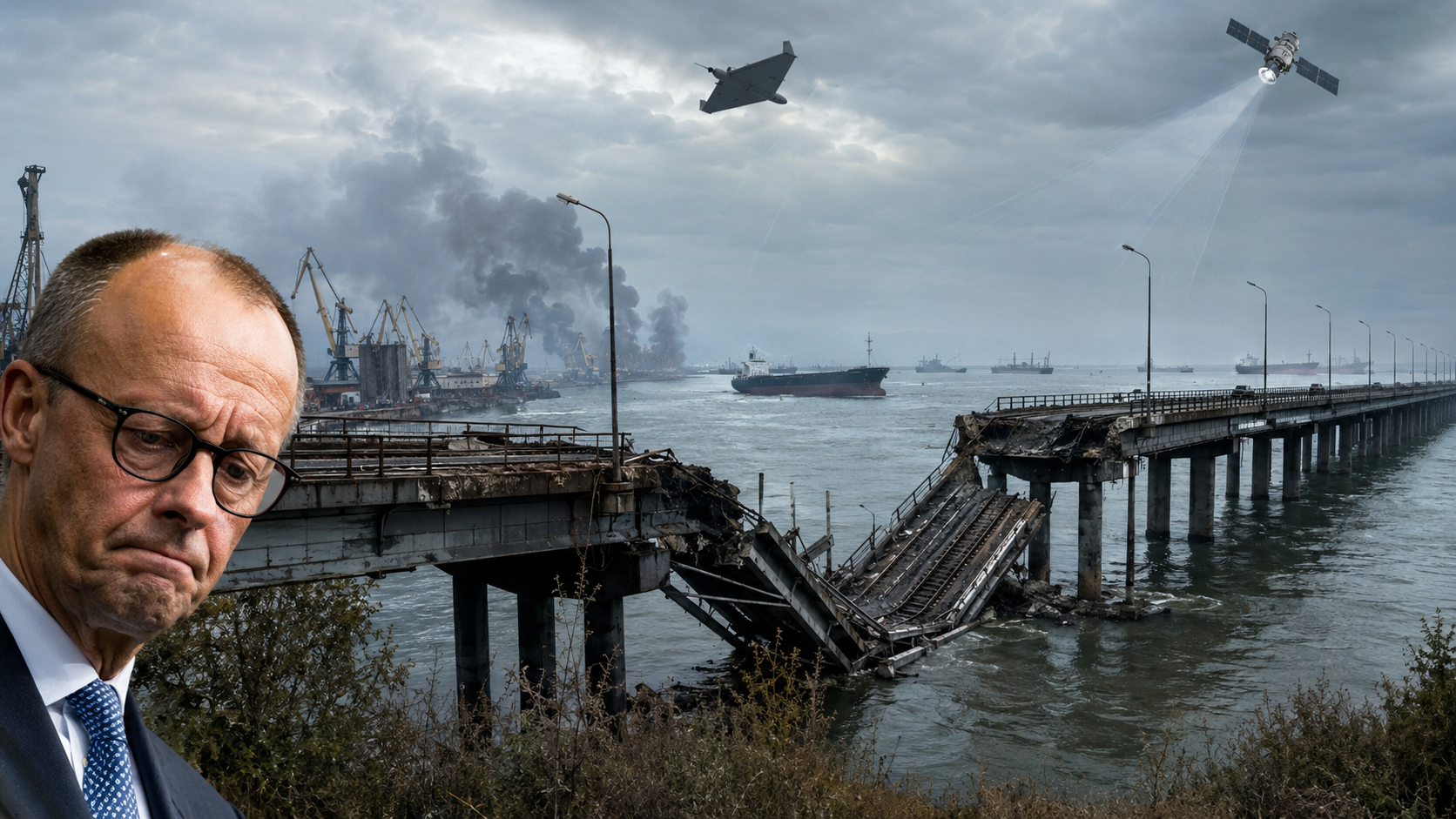 Fotokollasj som viser den skadede Zatoka-broen, krigsskader ved Ukrainas kyst og droner over himmelen, som illustrasjon til en artikkel om et stadig mer isolert Ukraina.
