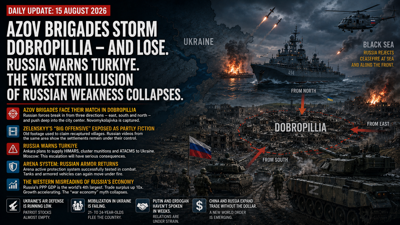 AI-generated war illustration showing Russian armored forces advancing into a devastated Dobropillia from multiple directions, with missiles, helicopters, a Russian warship in the Black Sea and battlefield arrows marking the assault.