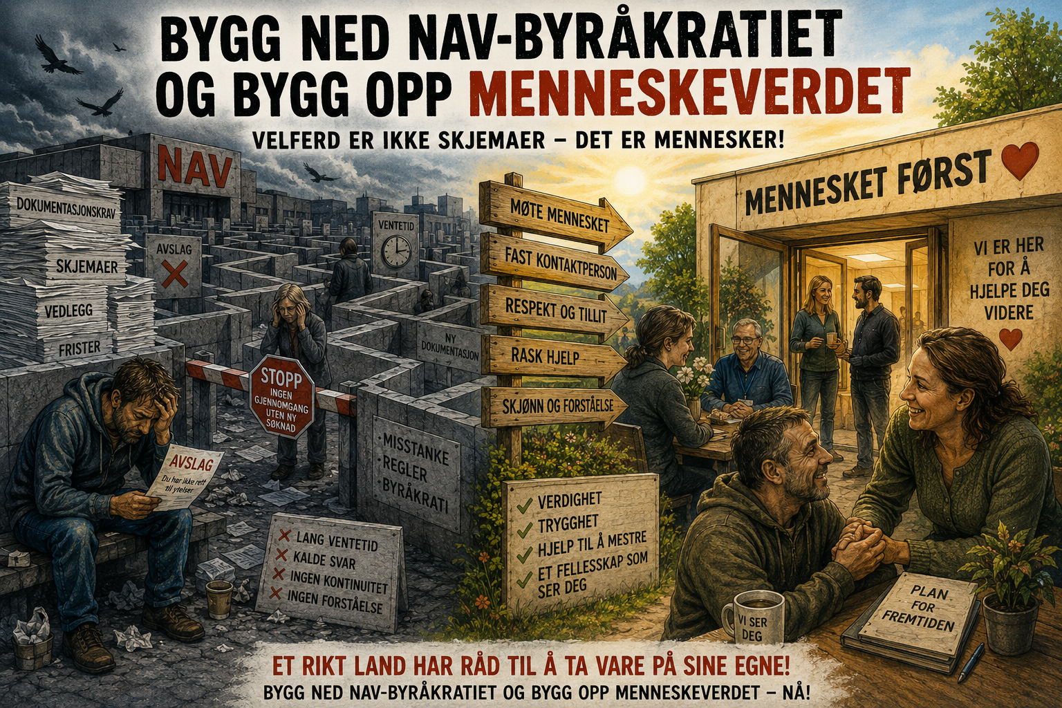 Illustrasjon av kontrasten mellom et tungt NAV-byråkrati med skjemaer, avslag og ventetid og et mer menneskelig velferdssystem bygget på verdighet, trygghet, fast kontaktperson og hjelp.