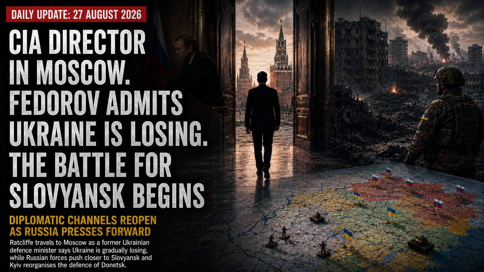 News-style illustration showing a tense geopolitical crisis: two senior officials facing each other across a table, a lone figure looking toward the Kremlin, a devastated urban battlefield with a soldier in the foreground, and energy and shipping imagery suggesting war, diplomacy, and economic pressure.