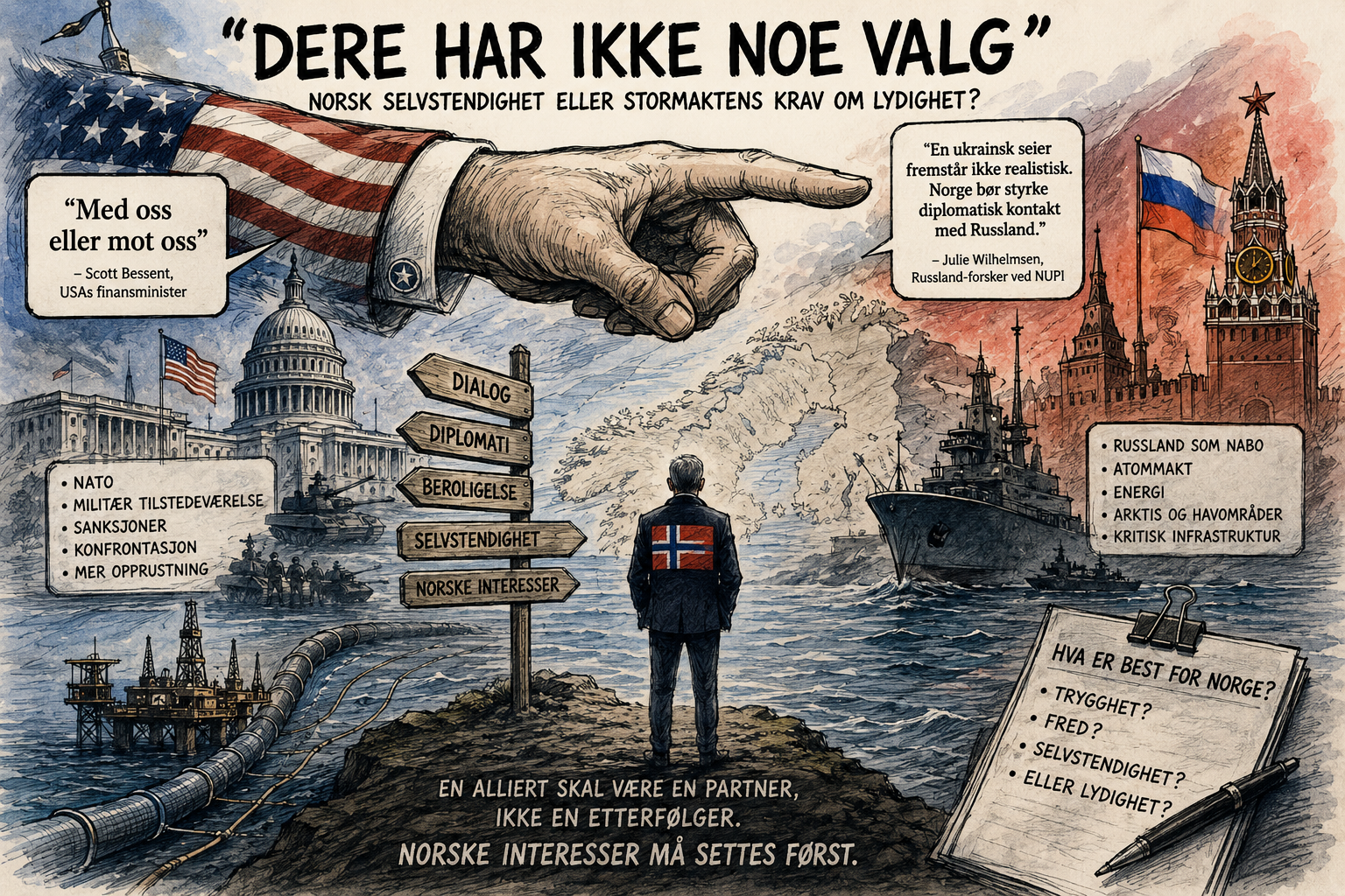 Illustrasjon av Norge mellom USA og Russland, med en amerikansk hånd som peker mot Norge, Washington og Kreml på hver sin side og veiskilt merket dialog, diplomati, selvstendighet og norske interesser.