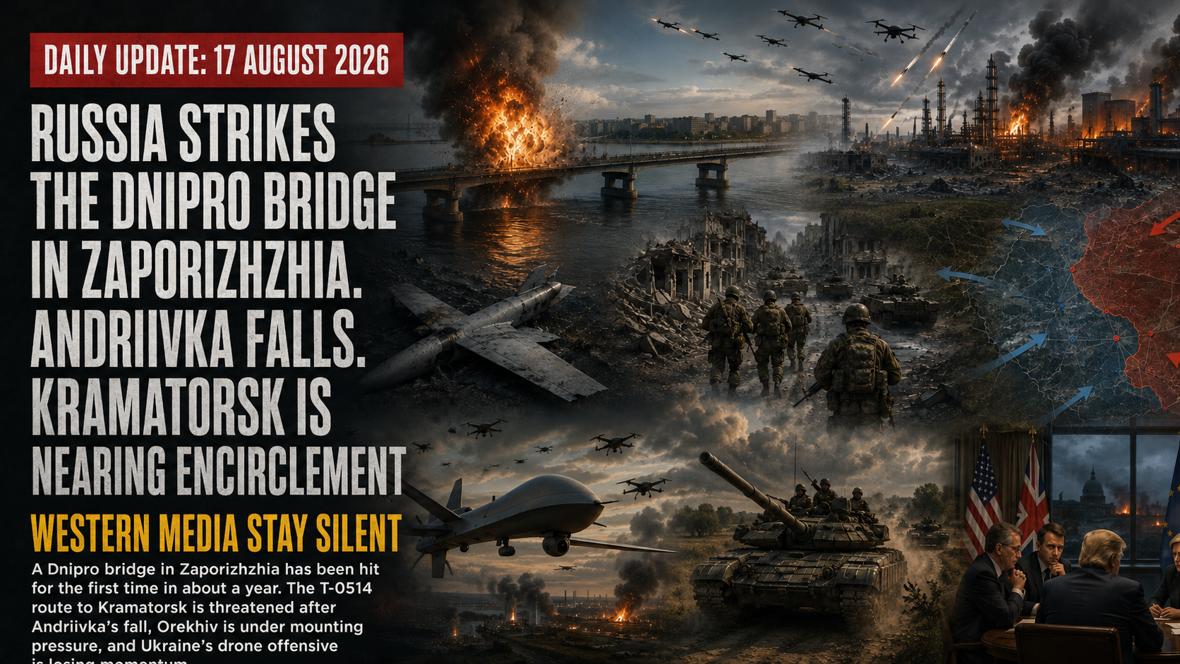 AI-generated war illustration showing an explosion on a bridge across the Dnipro, burning industrial sites, drone swarms, Russian armored forces and a military map depicting advances toward Kramatorsk.