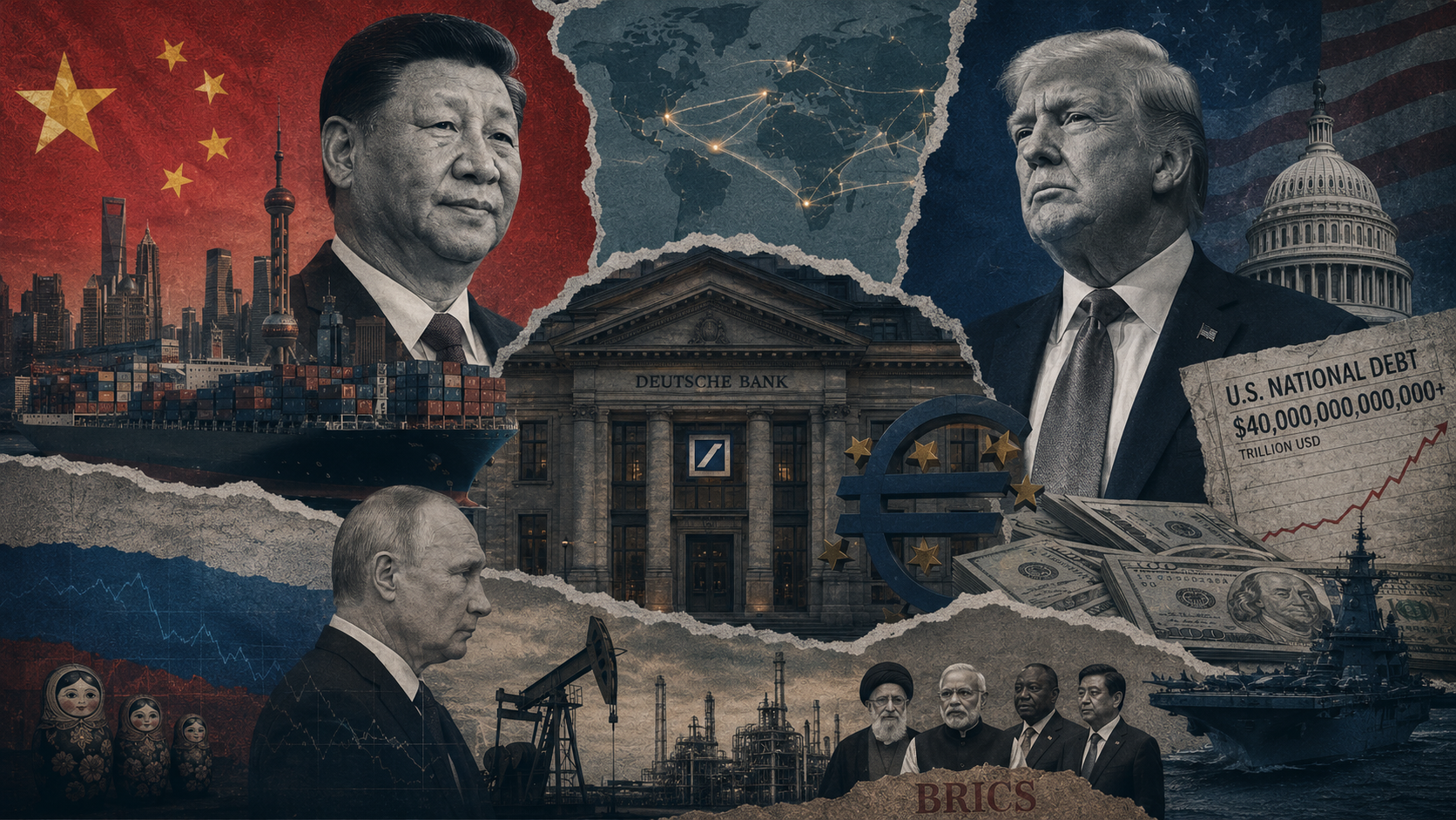 Redaksjonell collage med Xi Jinping, Donald Trump, Vladimir Putin, Deutsche Bank, amerikanske dollar, kinesisk handel og BRICS som illustrasjon på kampen om dollarens globale dominans.