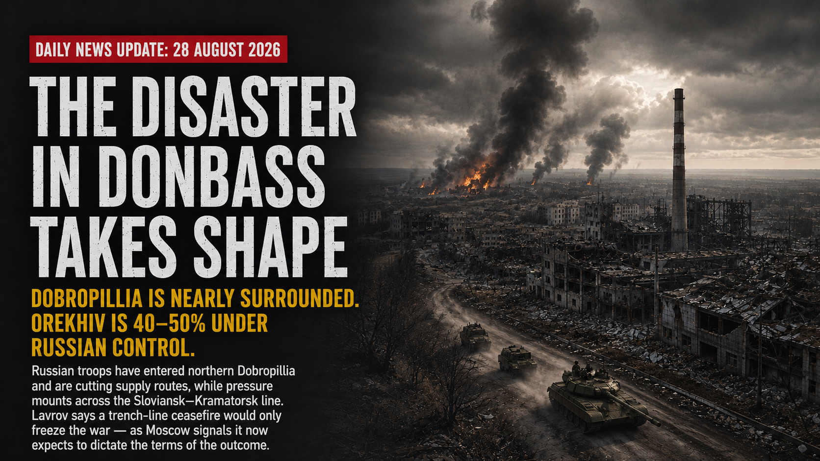 War-ravaged industrial landscape in Donbass with burning buildings, thick smoke, destroyed factories and armored vehicles advancing along a road through the ruins.