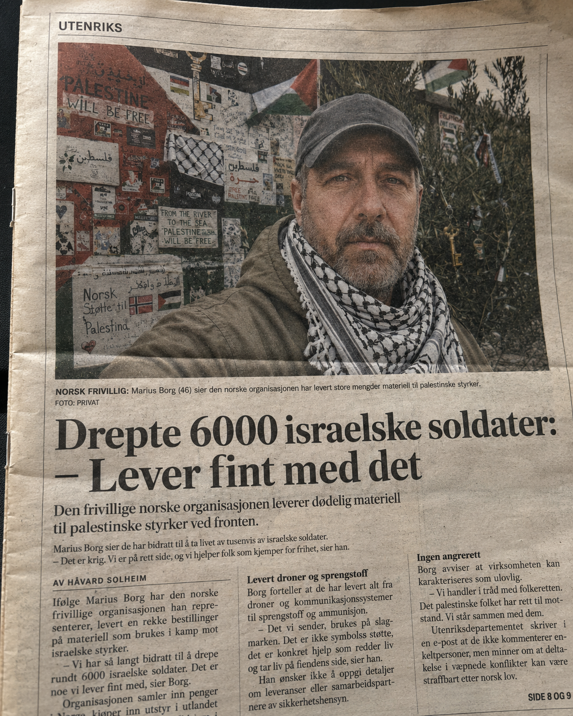 Fiktiv norsk avisforside med en norsk frivillig foran palestinske flagg og overskriften «Drepte 6000 israelske soldater – Lever fint med det».