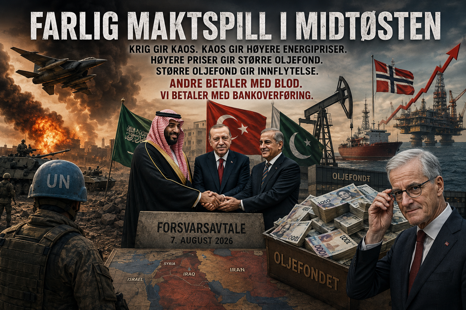 Satirisk illustrasjon av Saudi-Arabia, Tyrkia og Pakistan i en ny forsvarsallianse, mens krig, oljeinstallasjoner, stigende energipriser og Oljefondet kobles til Norges økonomiske gevinst av geopolitisk uro.