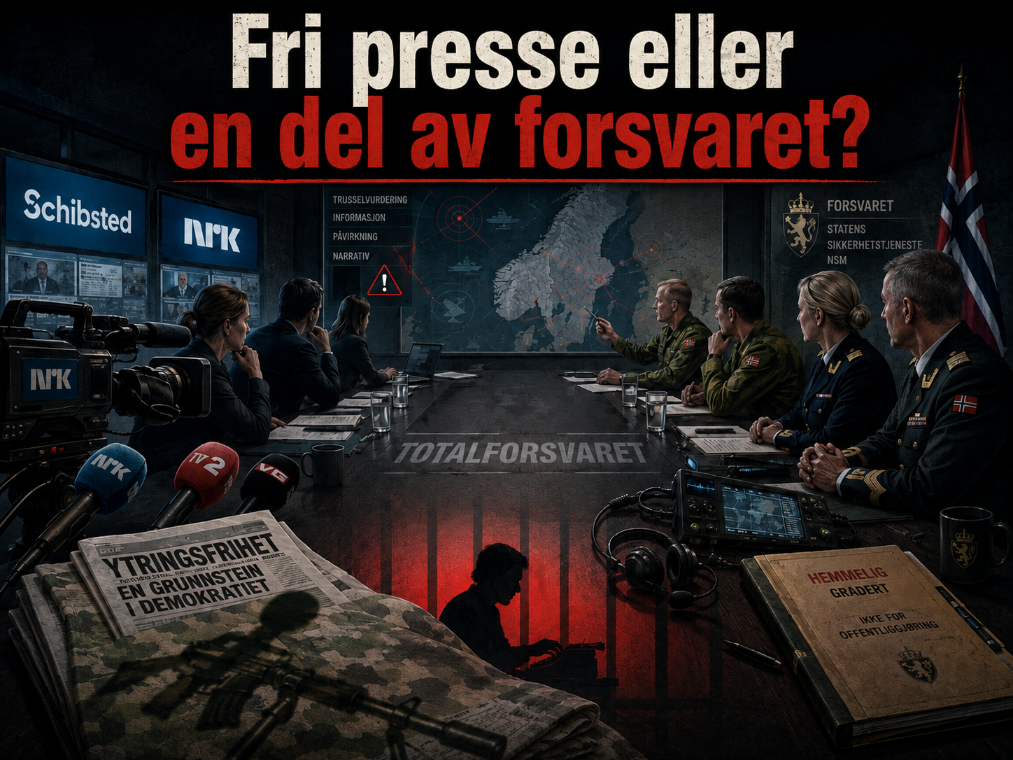 Illustrasjon av norske journalister fra store mediehus sittende ved samme bord som representanter for Forsvaret og sikkerhetstjenestene under merkelappen «Totalforsvaret», mens aviser om ytringsfrihet og hemmeligstemplede dokumenter ligger i forgrunnen.