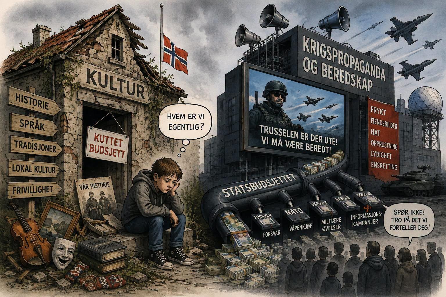 Illustrasjon av et nedslitt norsk kulturhus med bøker, instrumenter og lokalhistorie på den ene siden, og et massivt anlegg for militær beredskap, våpenkjøp og krigsbudskap på den andre, mens et barn sitter mellom de to og spør hvem vi egentlig er.