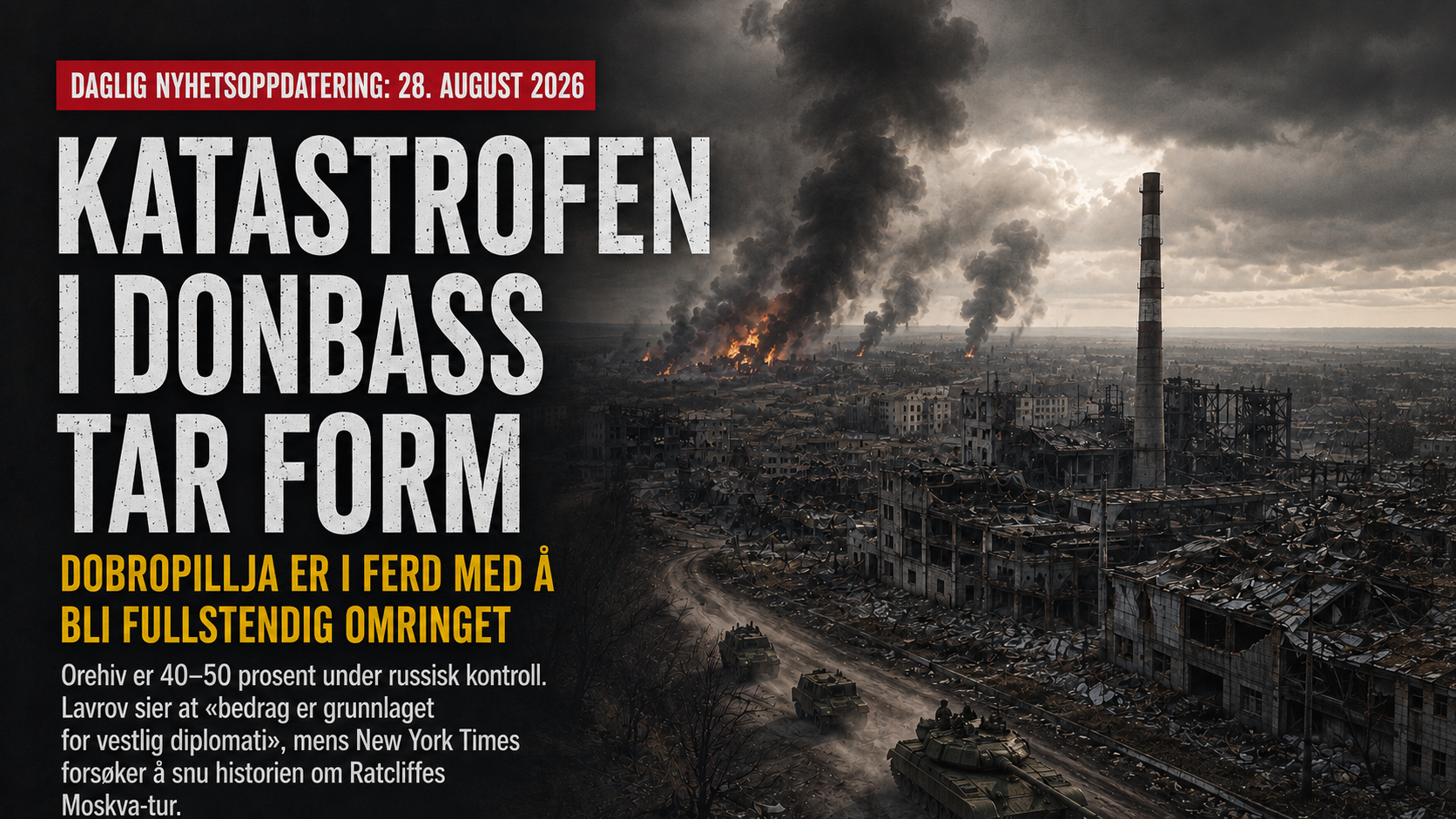 Krigsherjet industriby i Donbass med branner, røyk, ødelagte bygninger og russiske pansrede kjøretøy som rykker frem langs en vei gjennom ruinene.