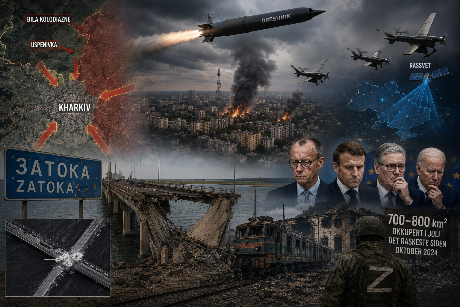 Fotomontasje av Kharkiv under angrep, Zatoka-broen delvis ødelagt, russiske droner og missiler, ødelagt jernbane og vestlige ledere i bakgrunnen.