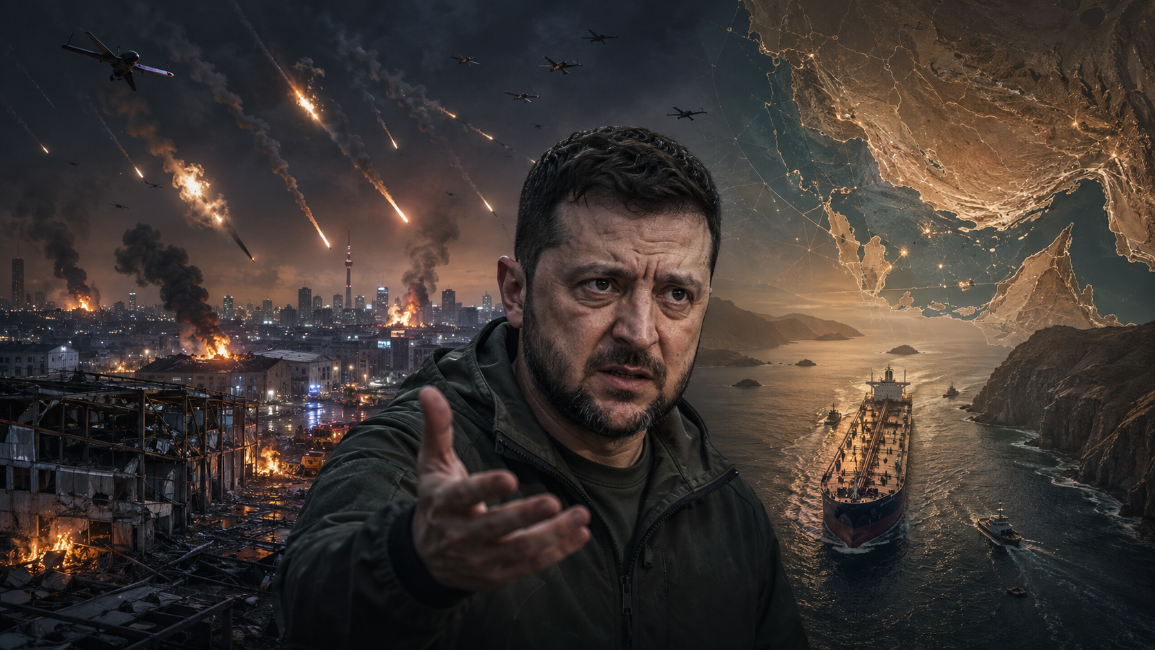 Volodymyr Zelenskyj foran et brennende Kyiv under missil- og droneangrep, med et oljetankskip i Hormuzstredet i bakgrunnen.