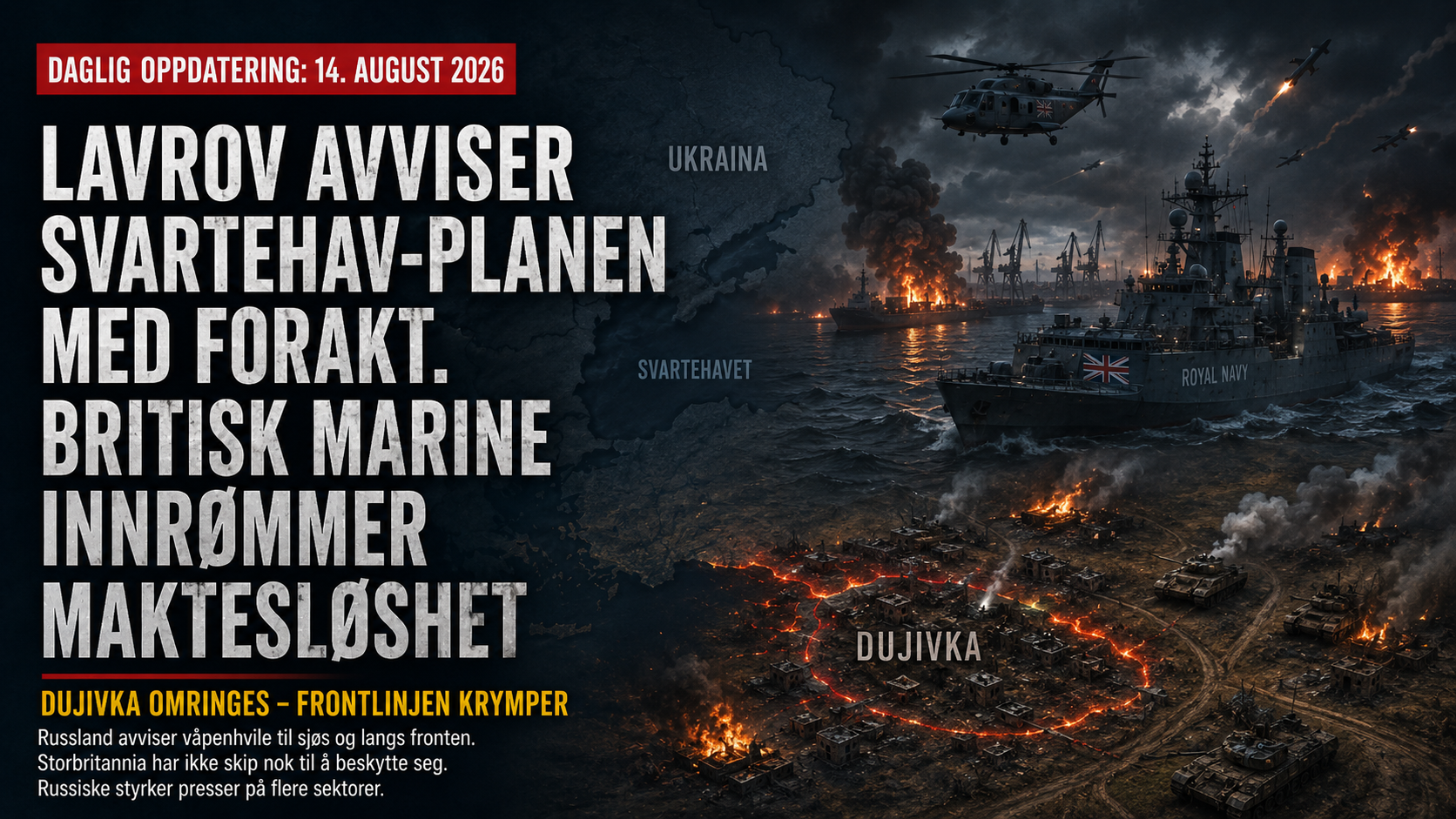 Dramatisk illustrasjon av krigen i Ukraina med britisk krigsskip i Svartehavet, brennende havneanlegg, missiler og en frontlinje som strammer seg rundt Dujivka.