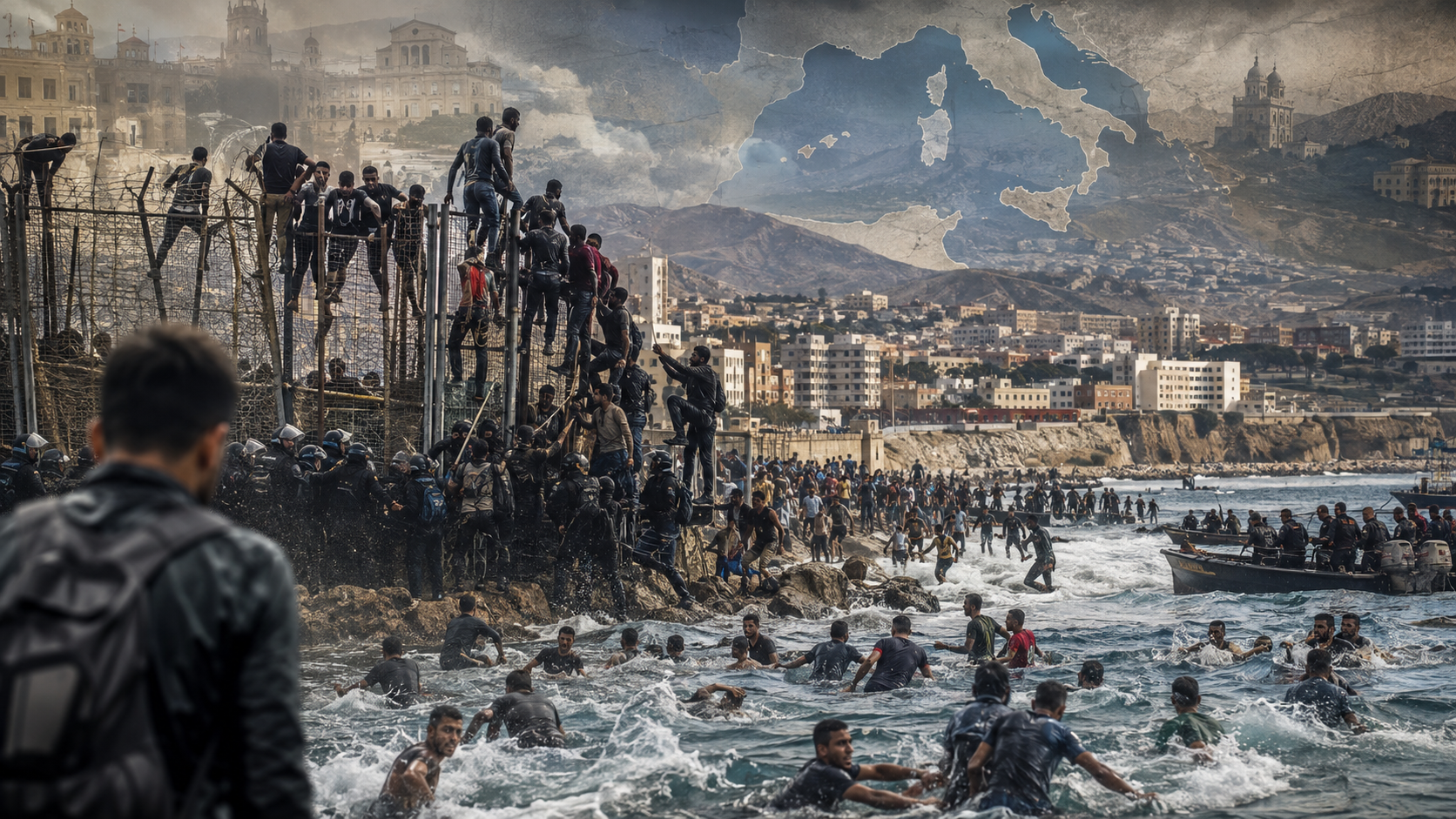 Migranter klatrer over grensegjerdet og svømmer mot Ceuta mens spanske sikkerhetsstyrker forsøker å kontrollere situasjonen.