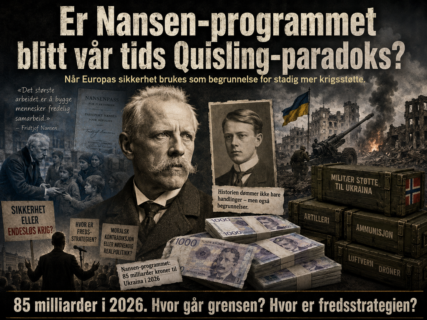 Fridtjof Nansen, Vidkun Quisling, norske tusenlapper og kasser med militær støtte til Ukraina illustrerer debatten om Nansen-programmet og Norges Ukraina-politikk.