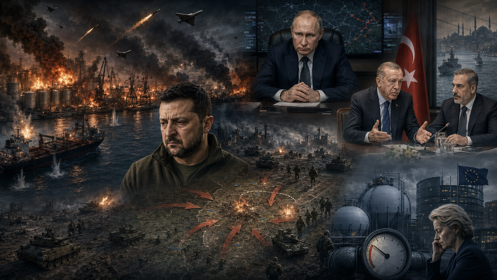 Zelenskyj foran den brennende Odessa-havnen, med Putin, tyrkiske meglingsforsøk, russiske fremstøt i Donbass og Europas energikrise i bakgrunnen.