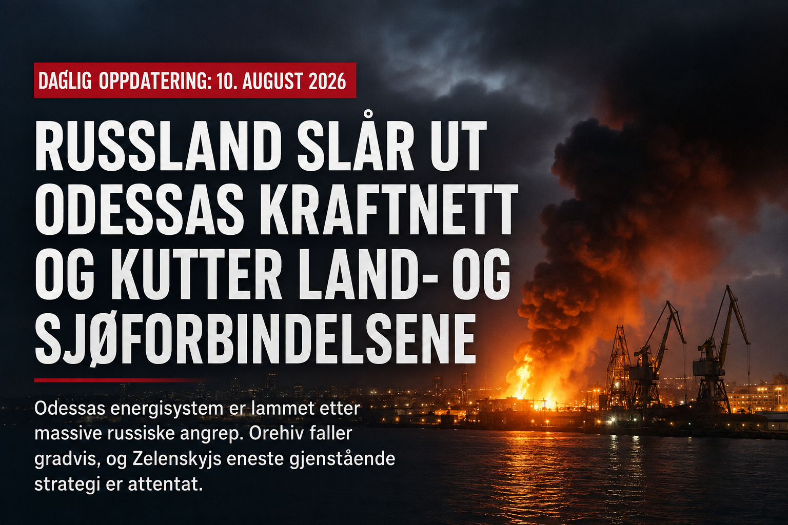 Røyk og flammer stiger opp fra havneområdet i Odessa om natten, mens store kraner ruver mot himmelen og vannet reflekterer brannen.