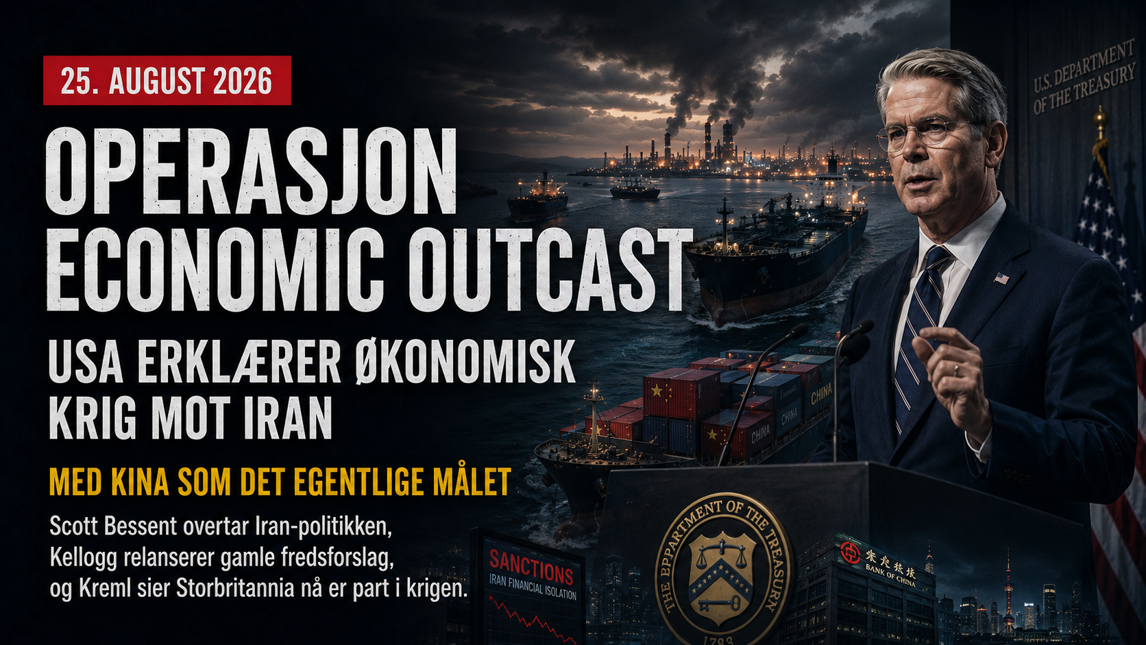 USAs finansminister Scott Bessent taler fra en talerstol med oljetankere, kinesiske containere, sanksjonsgrafikk og industrilandskap i bakgrunnen, som symbol på USAs økonomiske offensiv mot Iran og presset mot Kina.