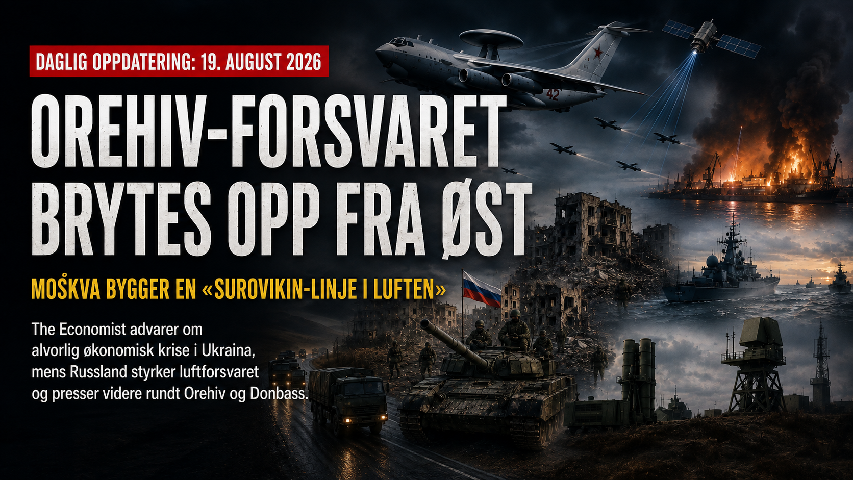 Russiske styrker rykker frem gjennom et krigsherjet Ukraina mens A-50-overvåkingsfly, droner, satellittsystemer, luftvern og brennende havne- og industrimål illustrerer presset på fronten, logistikk og økonomi.