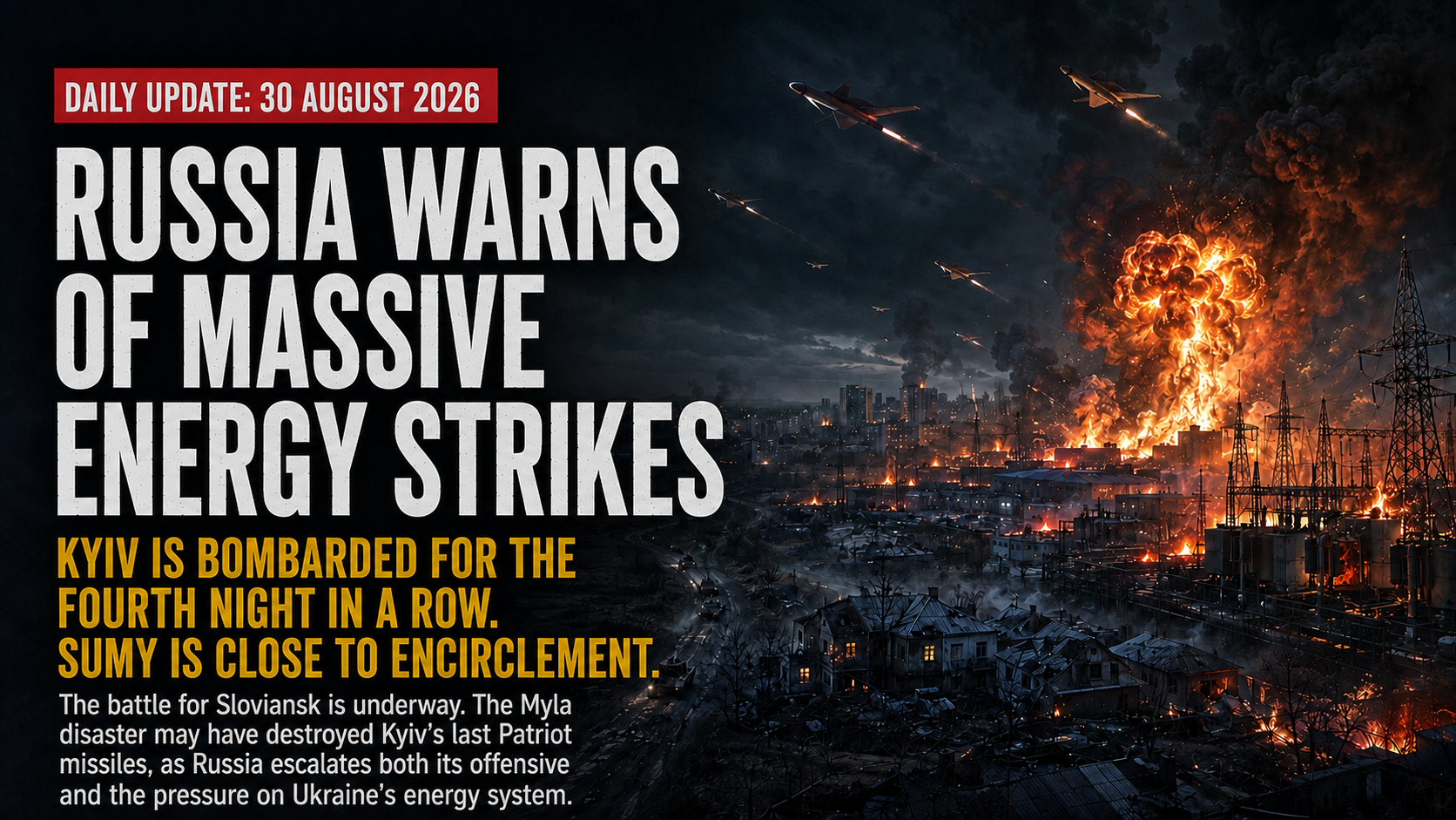 Ukrainian urban area under heavy nighttime bombardment, with burning energy infrastructure, explosions, smoke, and missiles over the city as the power grid is engulfed in flames.