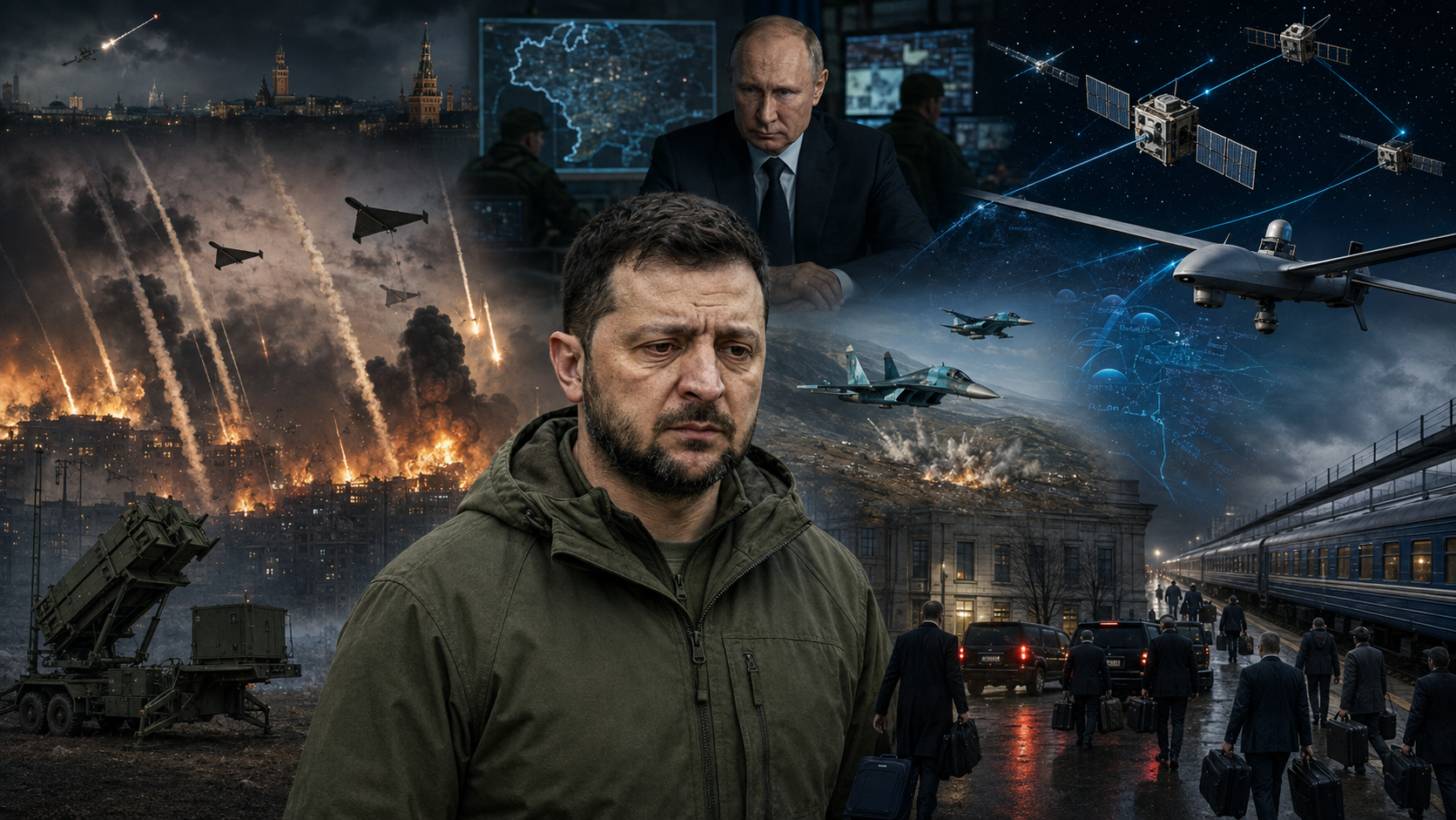Zelenskyj foran et Kyiv under russiske missil- og droneangrep, med Putin, Su-34-fly, satellitter og vestlige diplomater på vei mot evakuering.