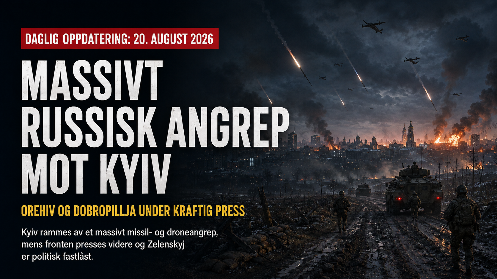 Nattlig krigsscene med missiler over Kyiv, branner i byen og ukrainske soldater og pansrede kjøretøy i forgrunnen.