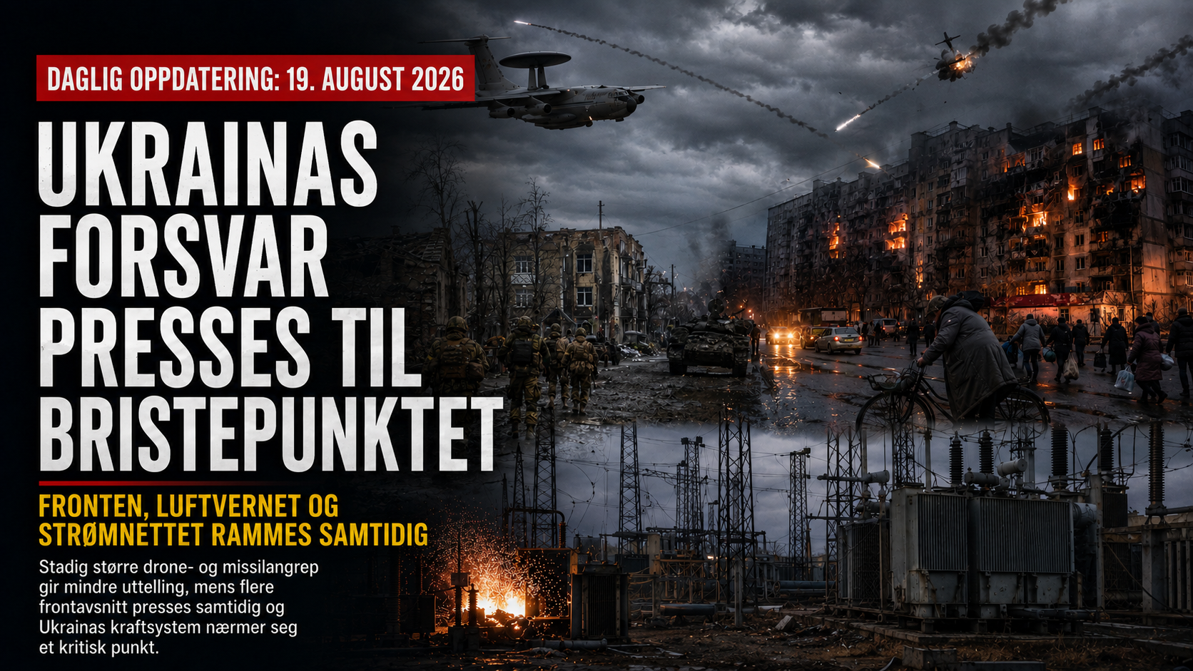 Dramatisk krigsillustrasjon med et russisk A-50-overvåkingsfly over en mørk himmel, ødelagte bygninger, soldater i en utbombet gate og et skadet kraftanlegg i forgrunnen.