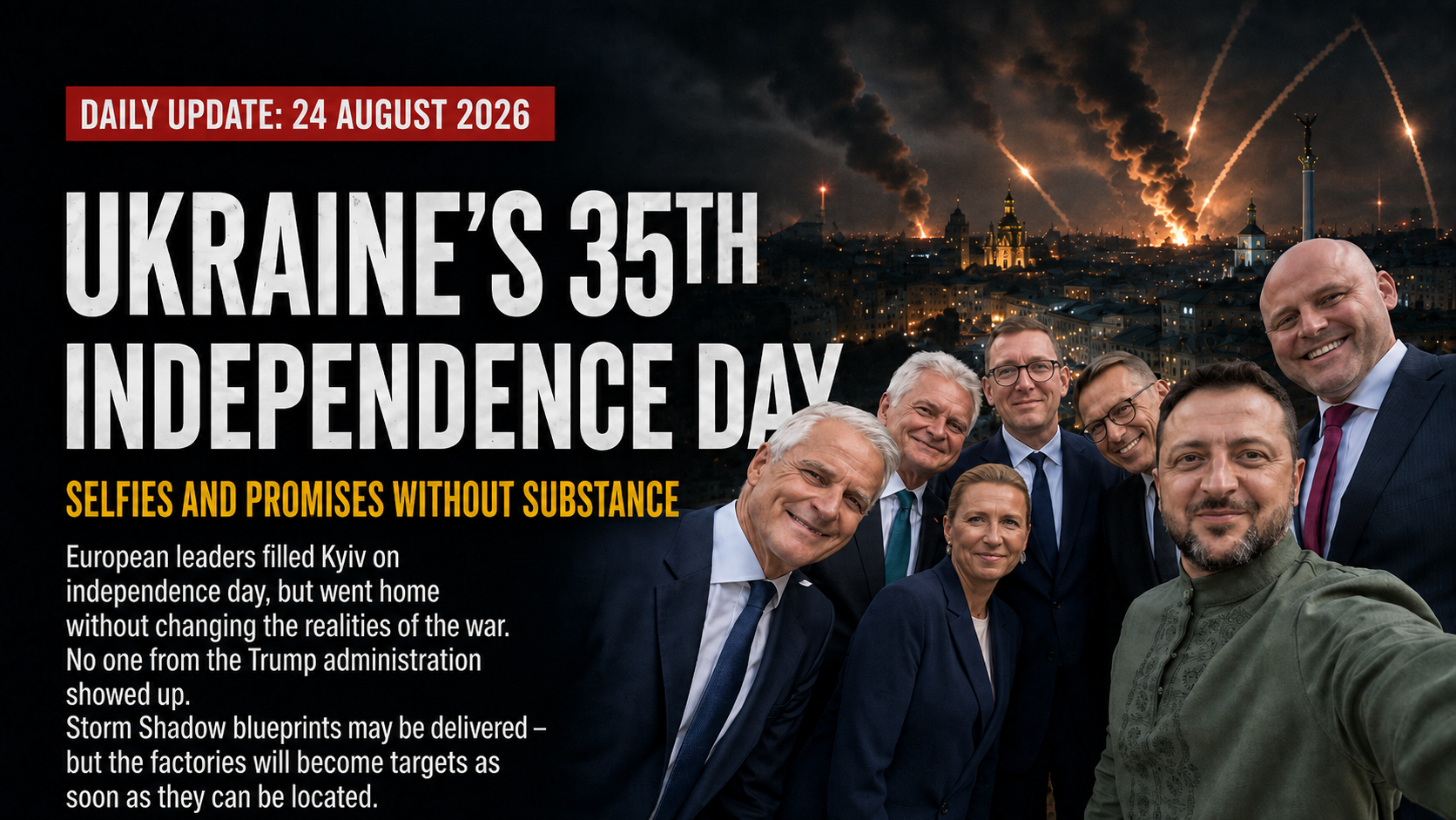 European leaders pose for a selfie with Volodymyr Zelenskyy in Kyiv as fires, smoke, and missile trails rise across the city skyline in the background.