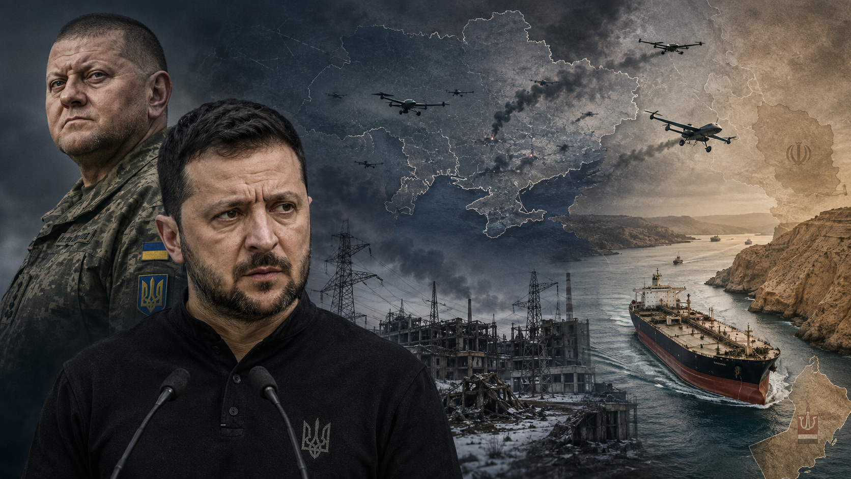 Volodymyr Zelenskyj og Valerij Zaluzjnyj foran et krigsherjet Ukraina, droner, ødelagt energiinfrastruktur og et oljetankskip i Hormuzstredet.