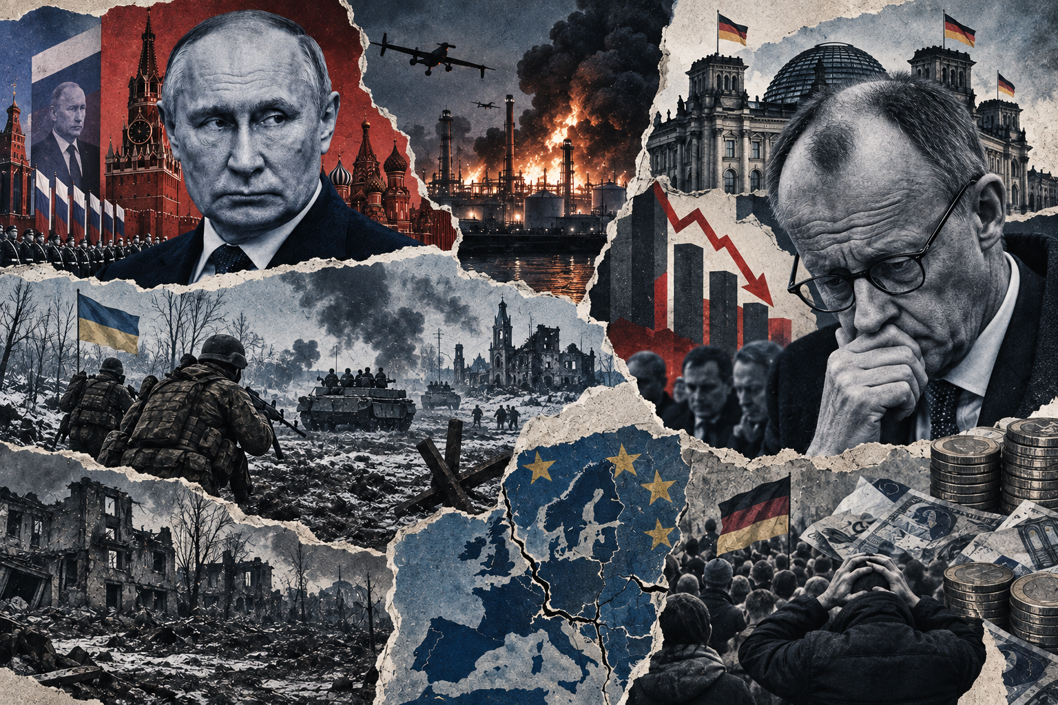 Collage-style illustration with Vladimir Putin at the center, war ruins on the left, and Friedrich Merz and Donald Trump on the right, symbolizing Germany’s electoral collapse, Russia’s ruling-party victory, and the continuing war in Ukraine.